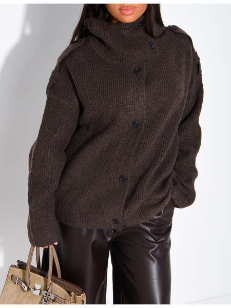 Button-front knit cardigan with a stand-up collar