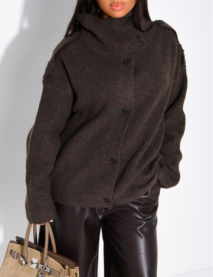 Button-front knit cardigan with a stand-up collar