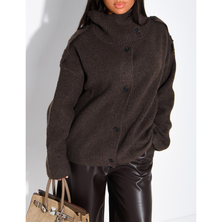 Button-front knit cardigan with a stand-up collar
