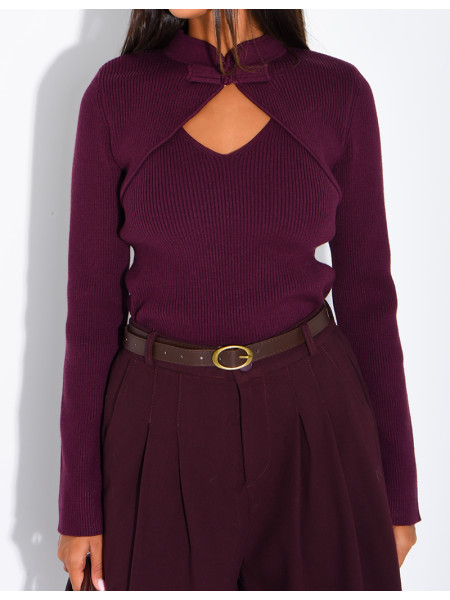 Asian-style ribbed sweater with ties at the collar