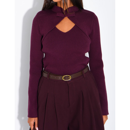 Asian-style ribbed sweater with ties at the collar