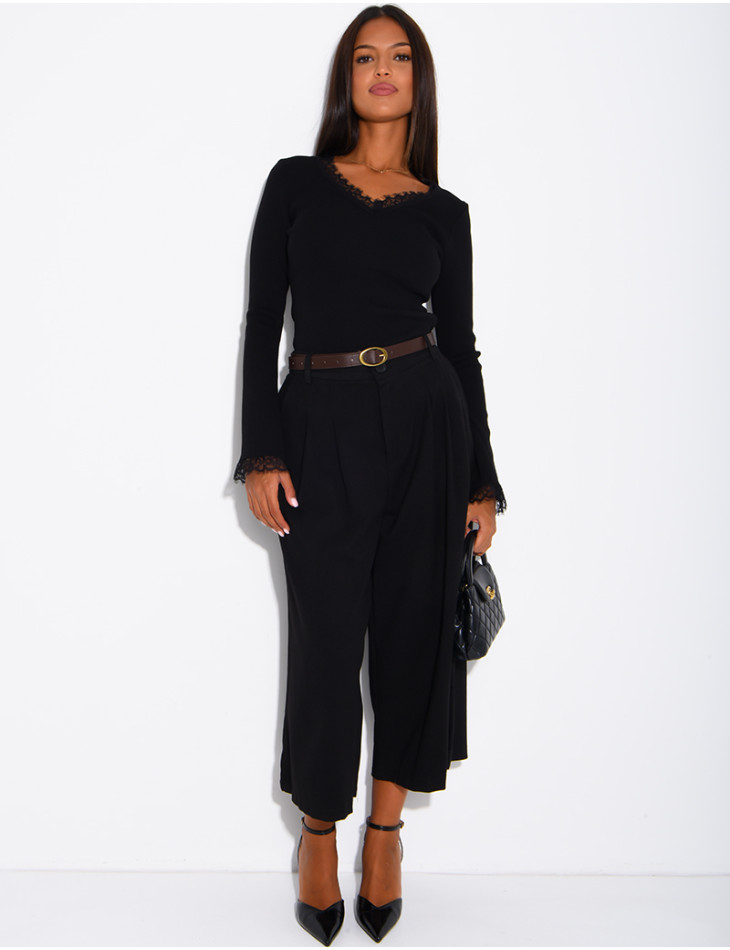 Fitted ribbed jumper with lace trim
