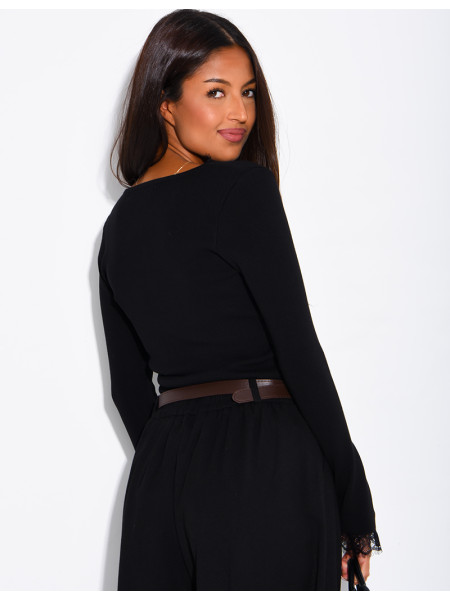 Fitted ribbed jumper with lace trim