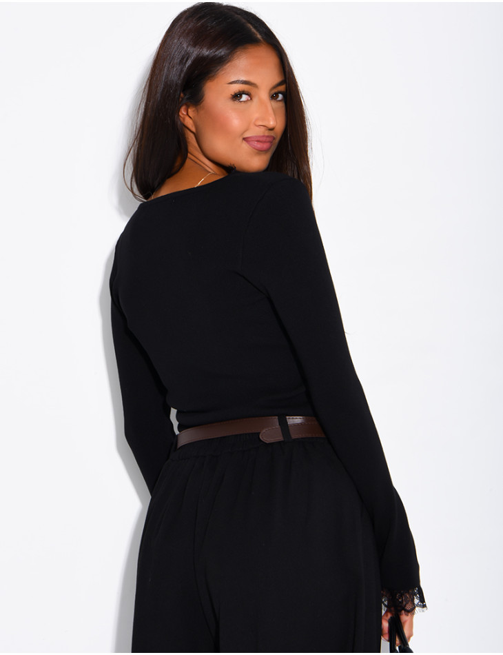 Fitted ribbed jumper with lace trim