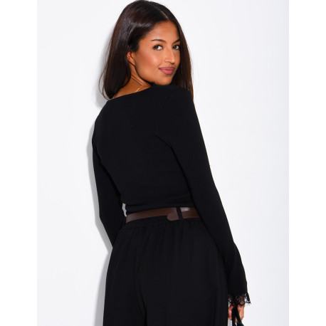 Fitted ribbed jumper with lace trim