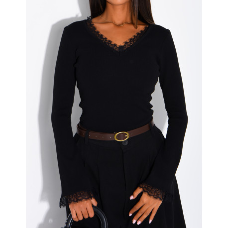 Fitted ribbed jumper with lace trim
