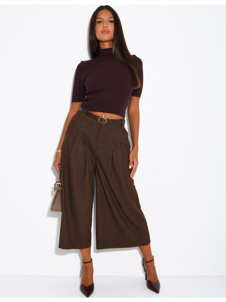 Short-sleeved, high-necked ribbed knit top