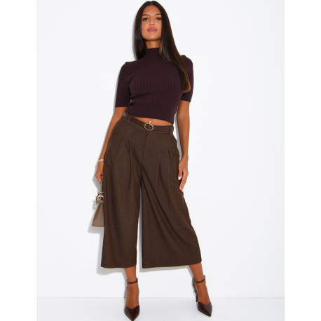 Short-sleeved, high-necked ribbed knit top