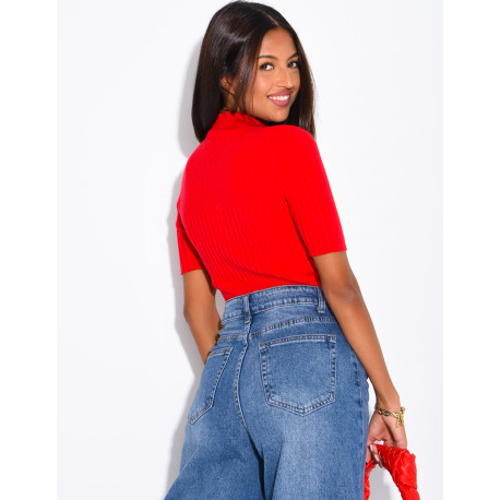 Short-sleeved, high-necked ribbed knit top