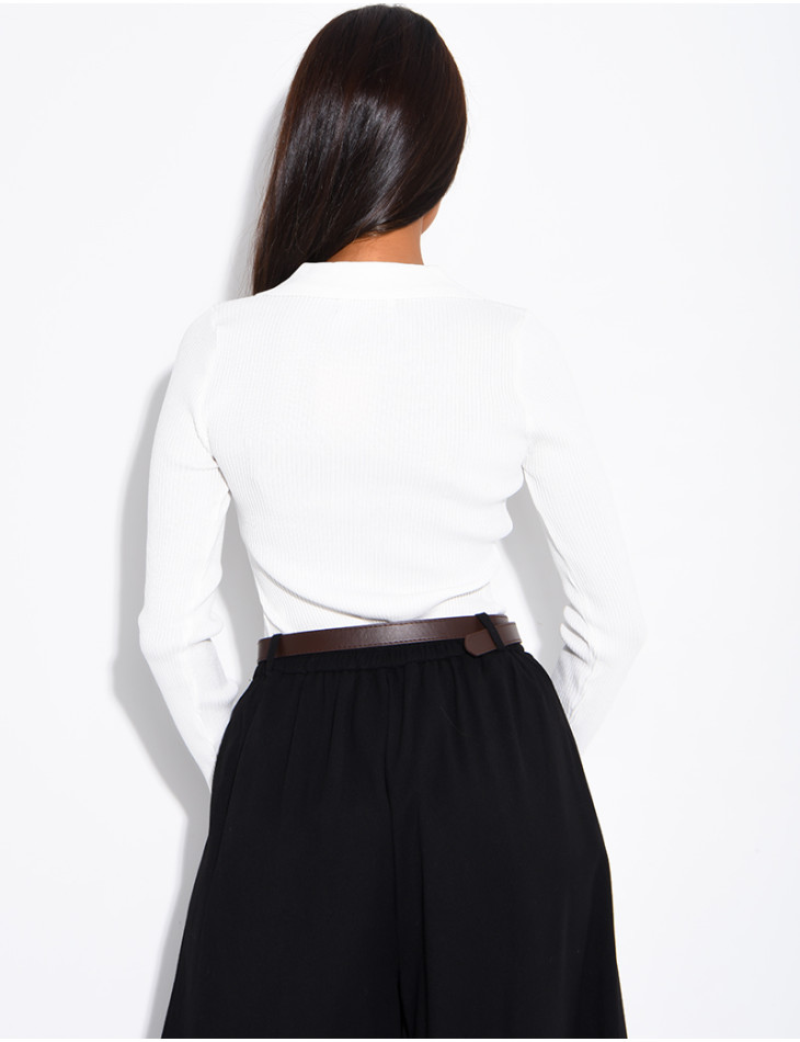 Ribbed knit bodysuit with a polo collar
