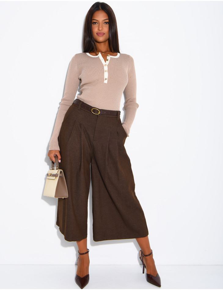 Button-down ribbed knit bodysuit with contrasting trim