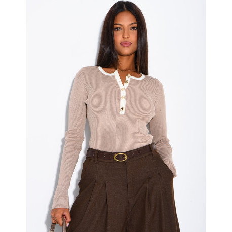 Button-down ribbed knit bodysuit with contrasting trim