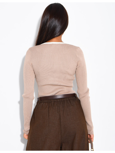 Button-down ribbed knit bodysuit with contrasting trim