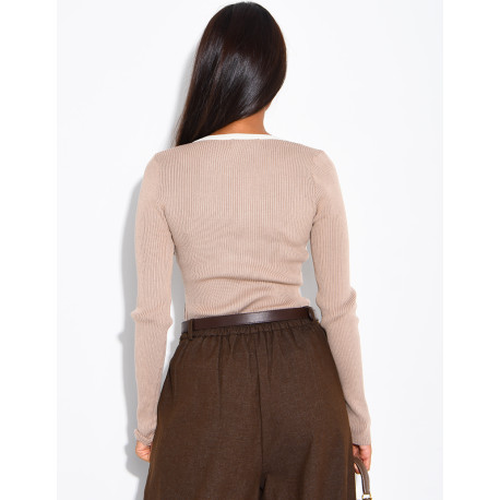 Button-down ribbed knit bodysuit with contrasting trim