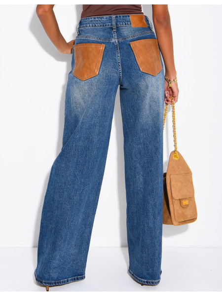 Jeans avec poches arrière en similicuir camel