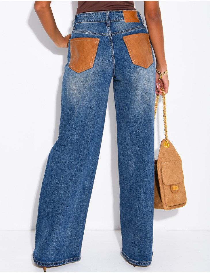 Jeans avec poches arrière en similicuir camel