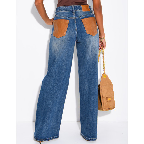 Jeans avec poches arrière en similicuir camel