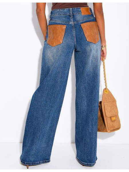 Jeans avec poches arrière en similicuir camel