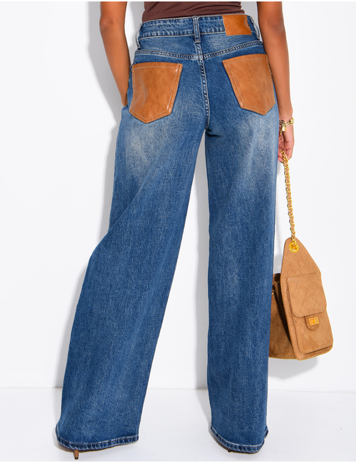 Jeans avec poches arrière en similicuir camel