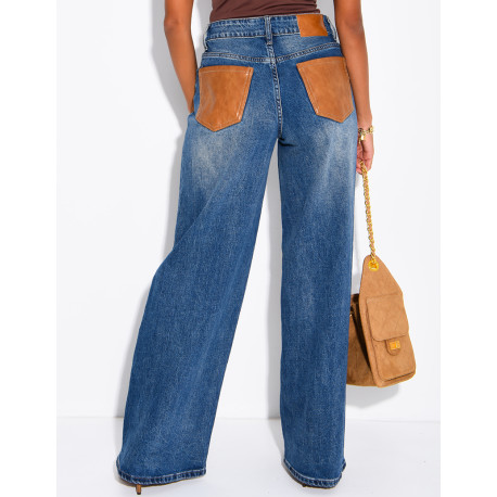 Jeans avec poches arrière en similicuir camel