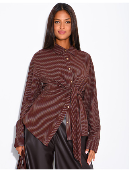 Striped cotton wrap-around shirt with tie
