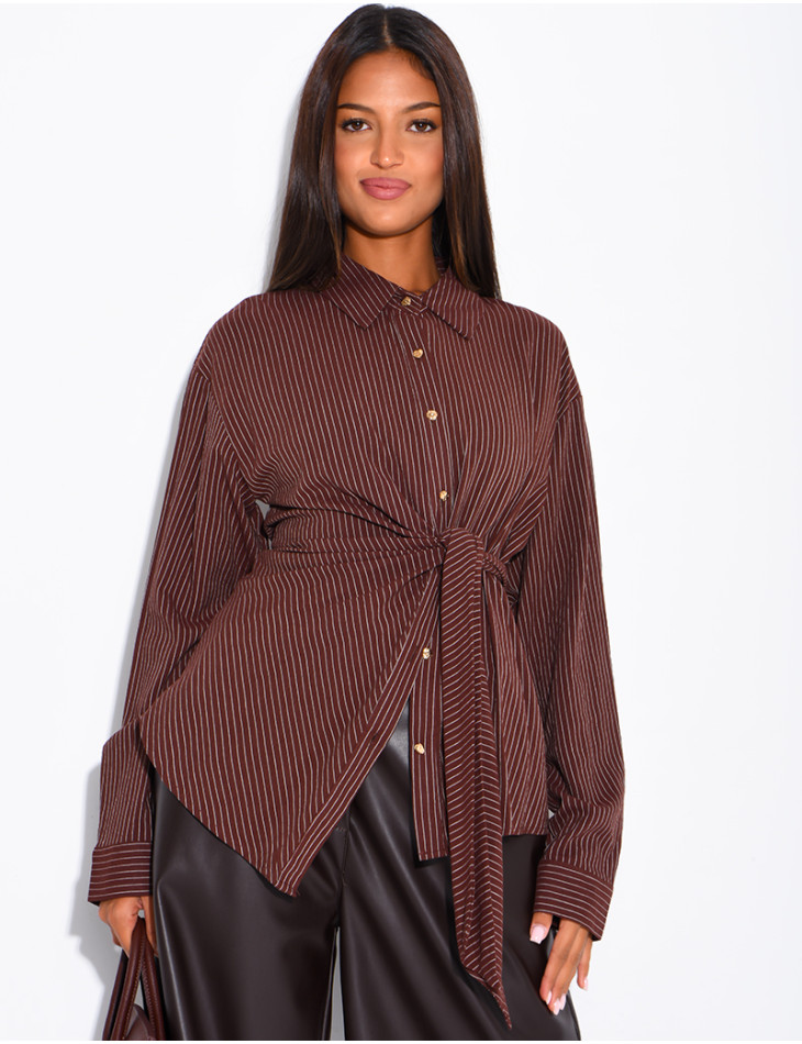 Striped cotton wrap-around shirt with tie
