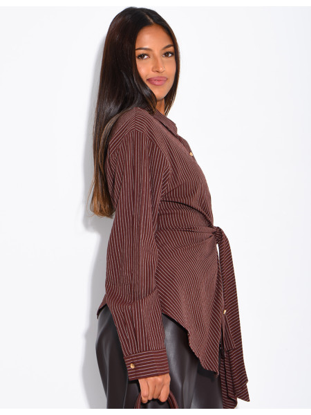 Striped cotton wrap-around shirt with tie