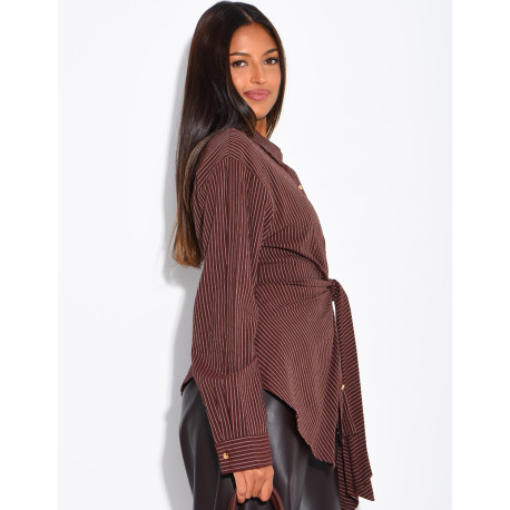 Striped cotton wrap-around shirt with tie