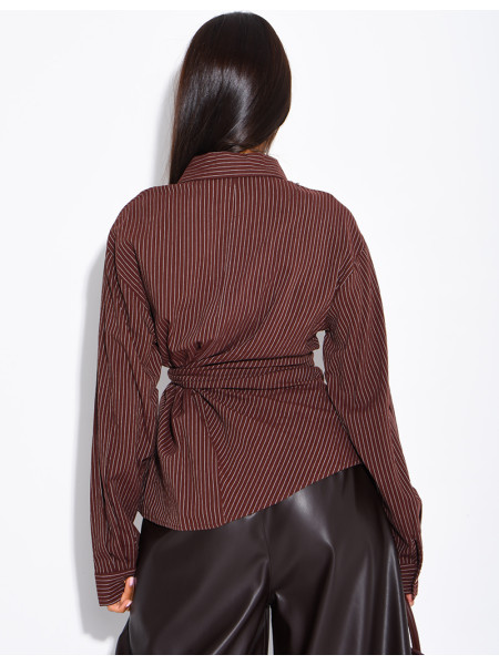 Striped cotton wrap-around shirt with tie