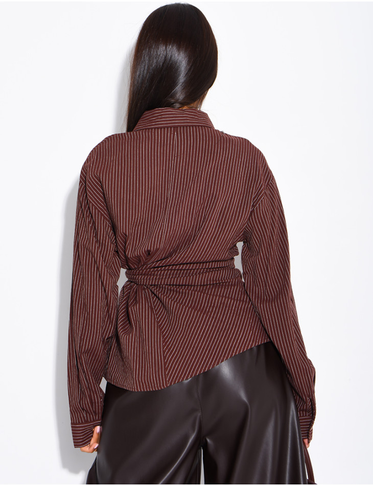 Striped cotton wrap-around shirt with tie
