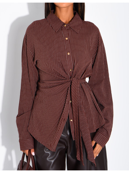 Striped cotton wrap-around shirt with tie