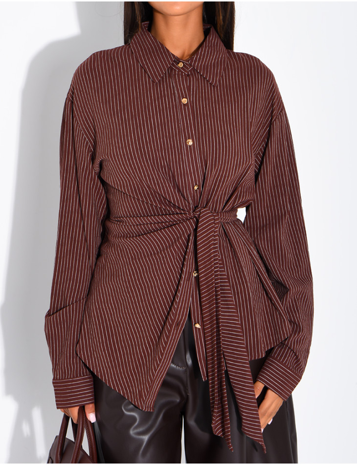 Striped cotton wrap-around shirt with tie