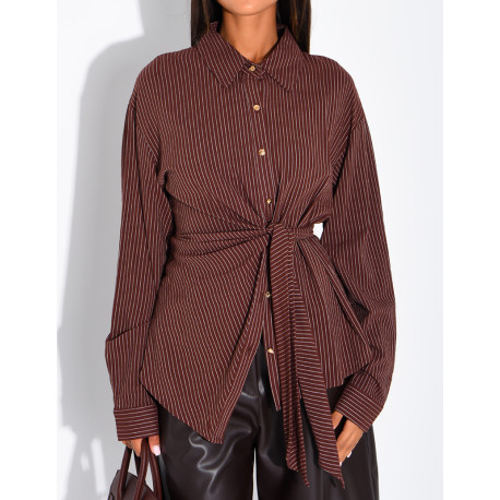 Striped cotton wrap-around shirt with tie
