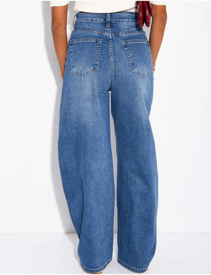 Jeans barrel taille haute délavé