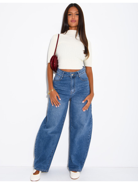 Jeans barrel taille haute délavé