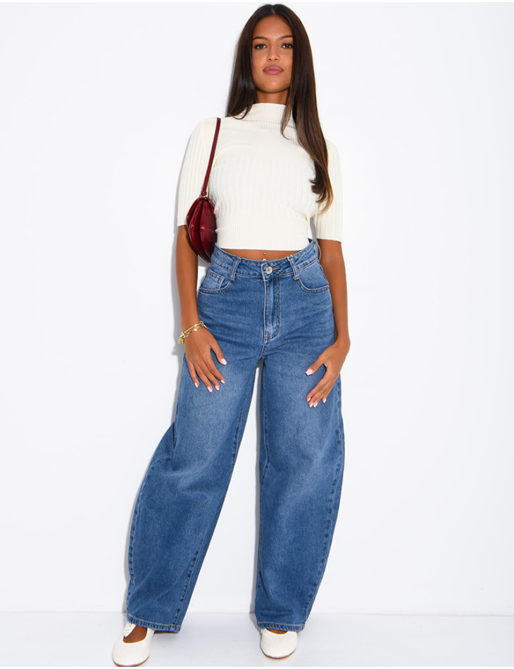 Jeans barrel taille haute délavé
