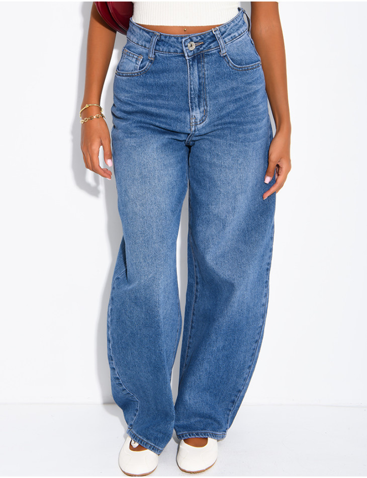 Jeans barrel taille haute délavé