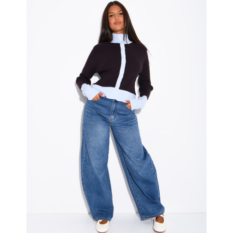 Gilet manches longues en laine tressé à couleurs contrastantes