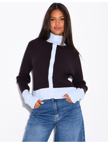 Gilet manches longues en laine tressé à couleurs contrastantes