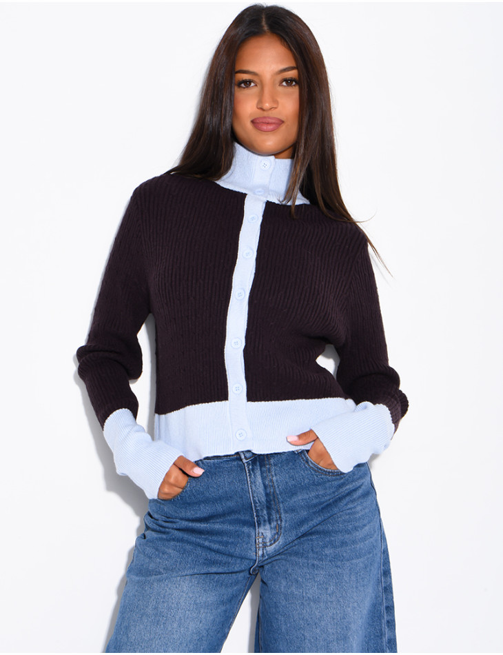 Gilet manches longues en laine tressé à couleurs contrastantes
