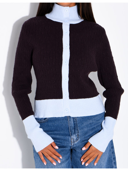 Gilet manches longues en laine tressé à couleurs contrastantes