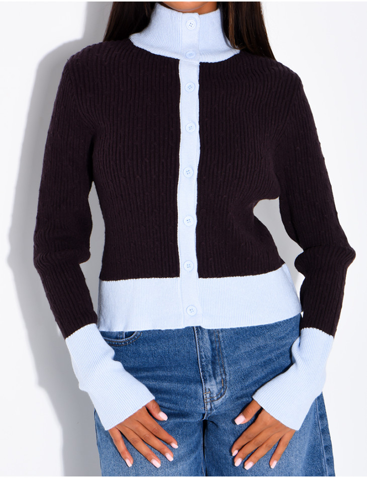 Gilet manches longues en laine tressé à couleurs contrastantes