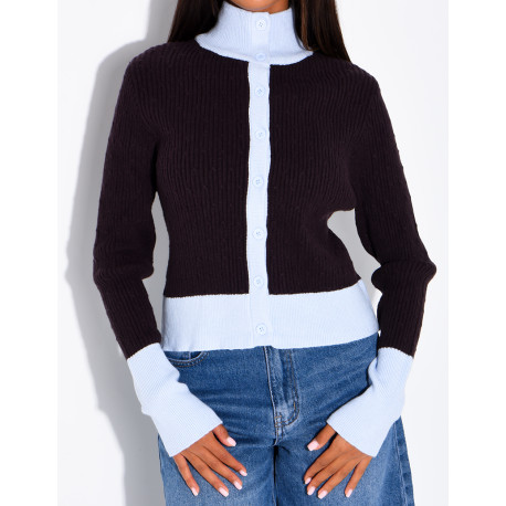 Gilet manches longues en laine tressé à couleurs contrastantes
