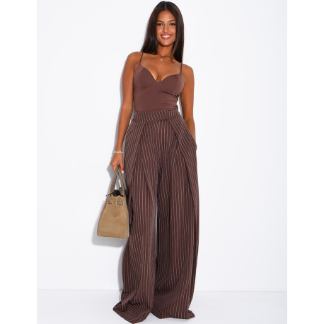 Wide-leg tailored trousers with a puffed effect and striped pattern