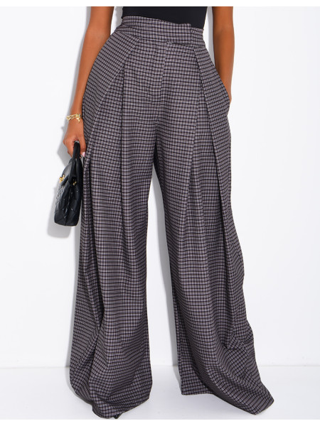 Pantalon de tailleur coupe large effet bouffant à carreaux