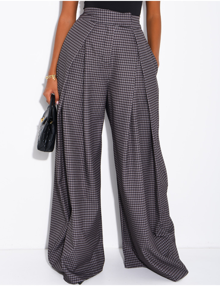 Pantalon de tailleur coupe large effet bouffant à carreaux