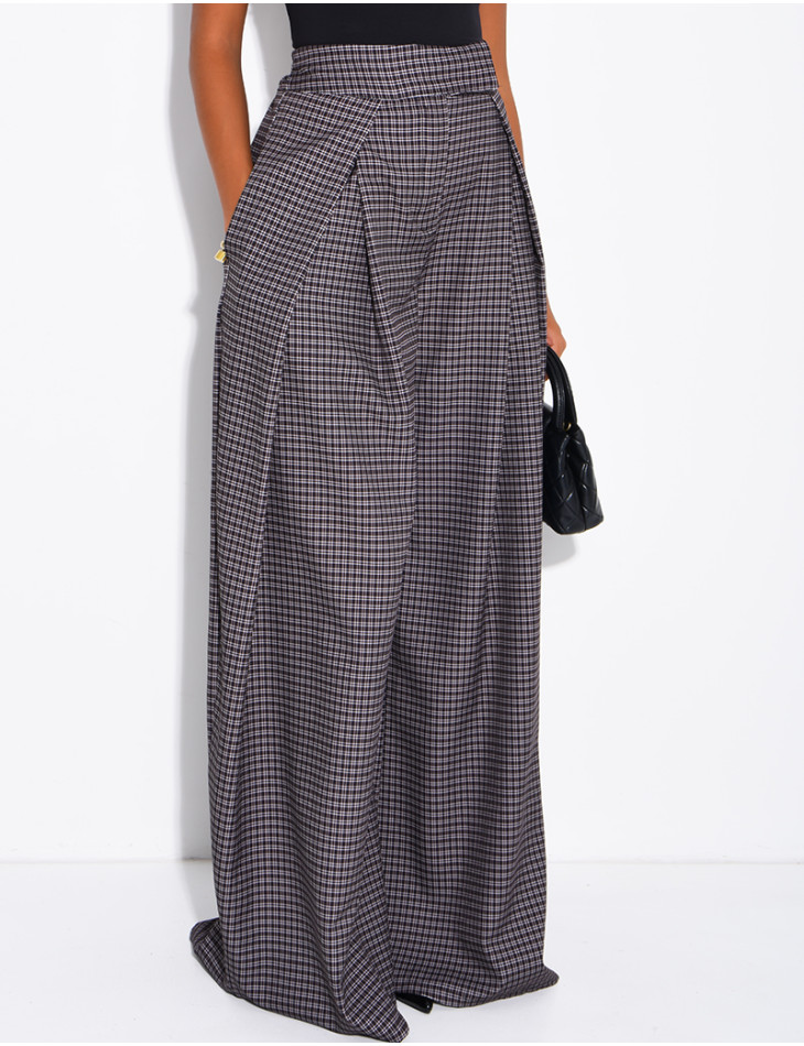 Pantalon de tailleur coupe large effet bouffant à carreaux