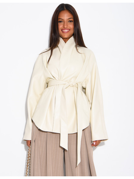 Mid-length, tie-front coat in grained faux leather