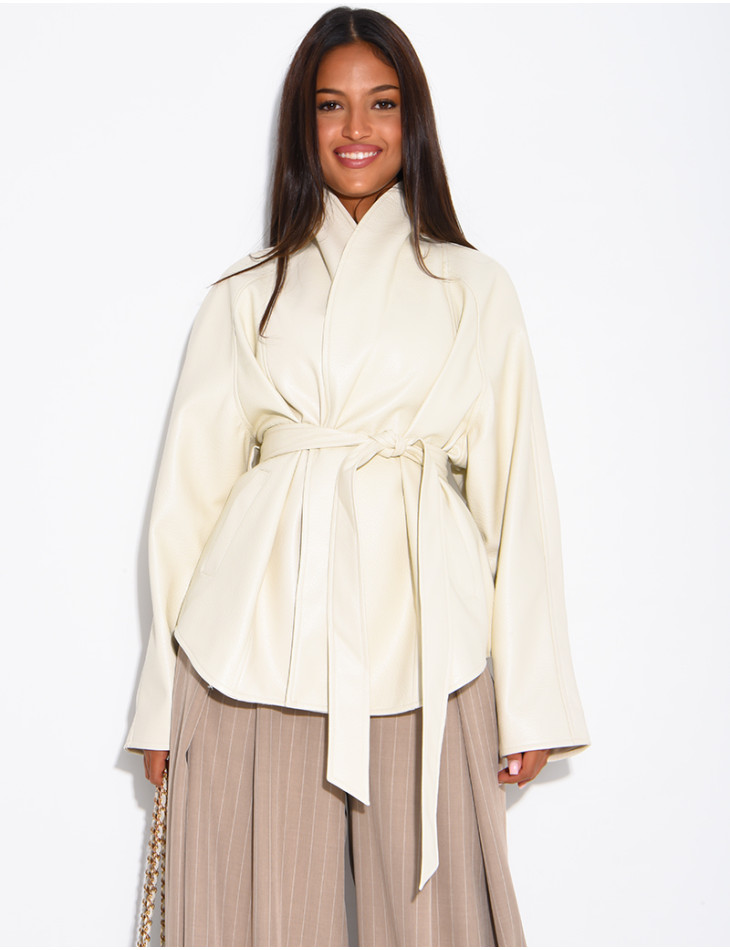 Mid-length, tie-front coat in grained faux leather