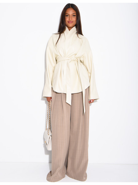 Mid-length, tie-front coat in grained faux leather